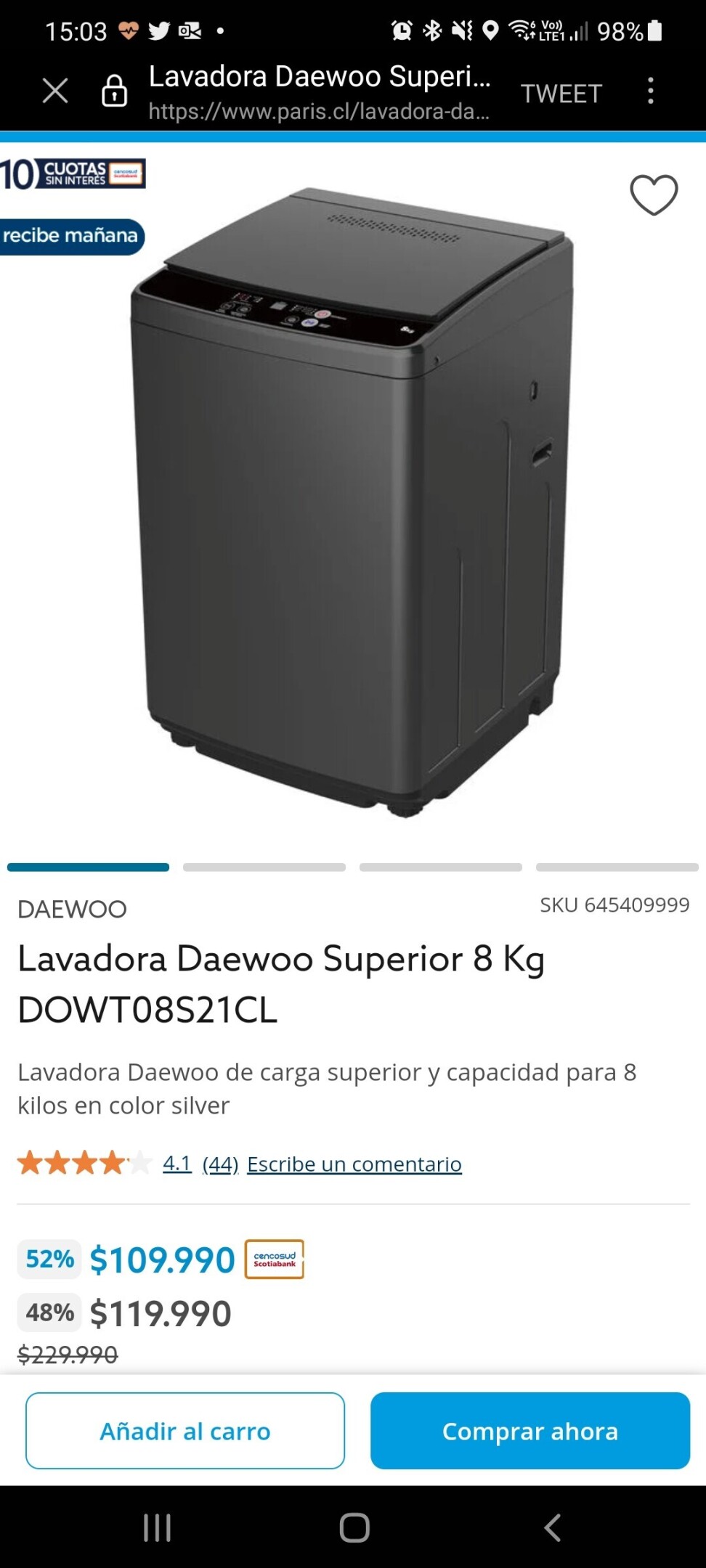 Lavadora Daewoo carga superior 8KG $109.990