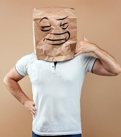 man paper bag his head which evil face painted pretends to be phone isolated yellow background easy 