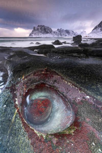 unusual rock formation at uttakleiv beach vestvagoy lofoten islands nordland norway europe RHPLF1290
