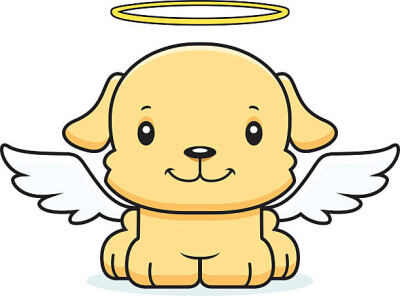 A cartoon angel puppy smiling.
